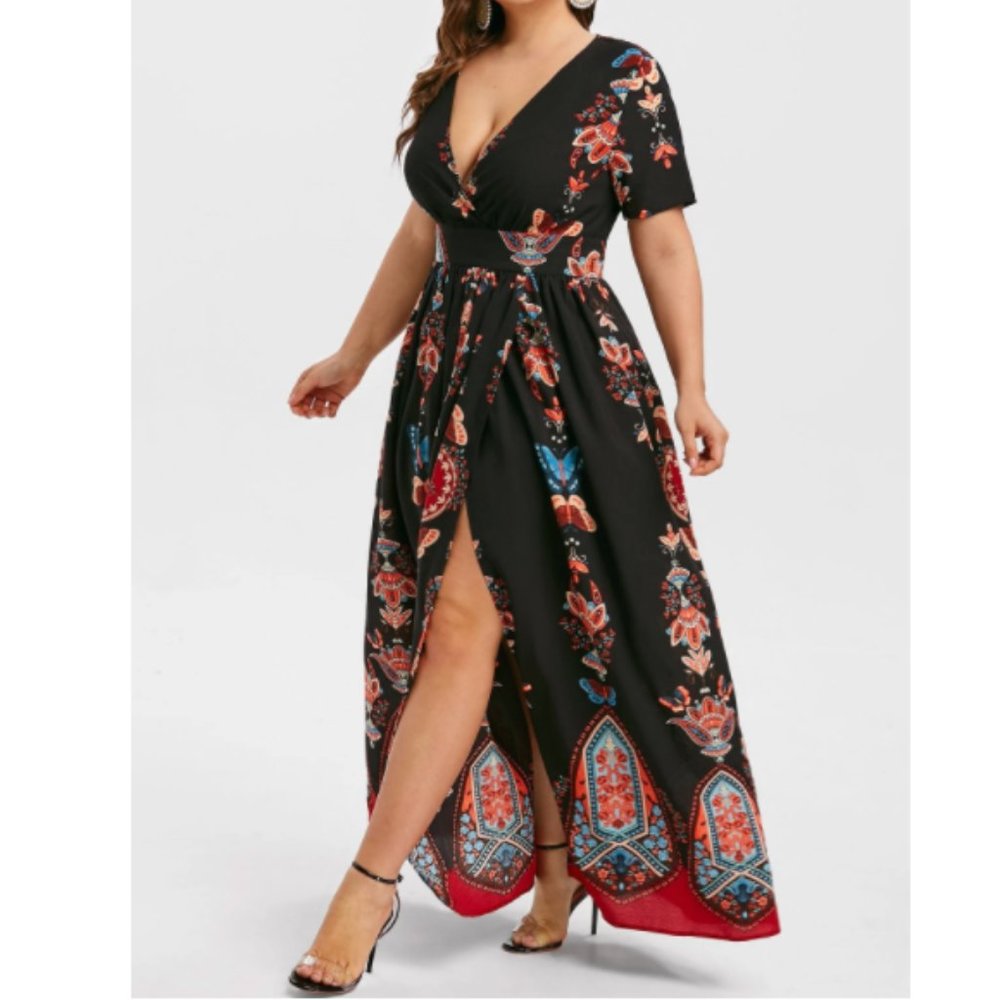 Rosegal Plus Size High Waist Maxi Slit Dress, Mult